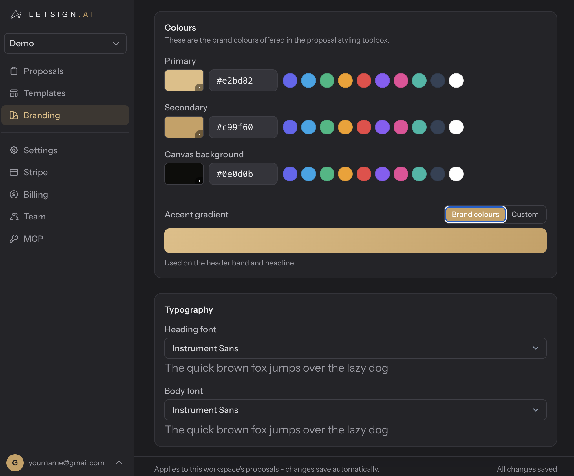 The LetSign Branding screen: brand colours, accent gradient and Instrument Sans typography that every proposal inherits