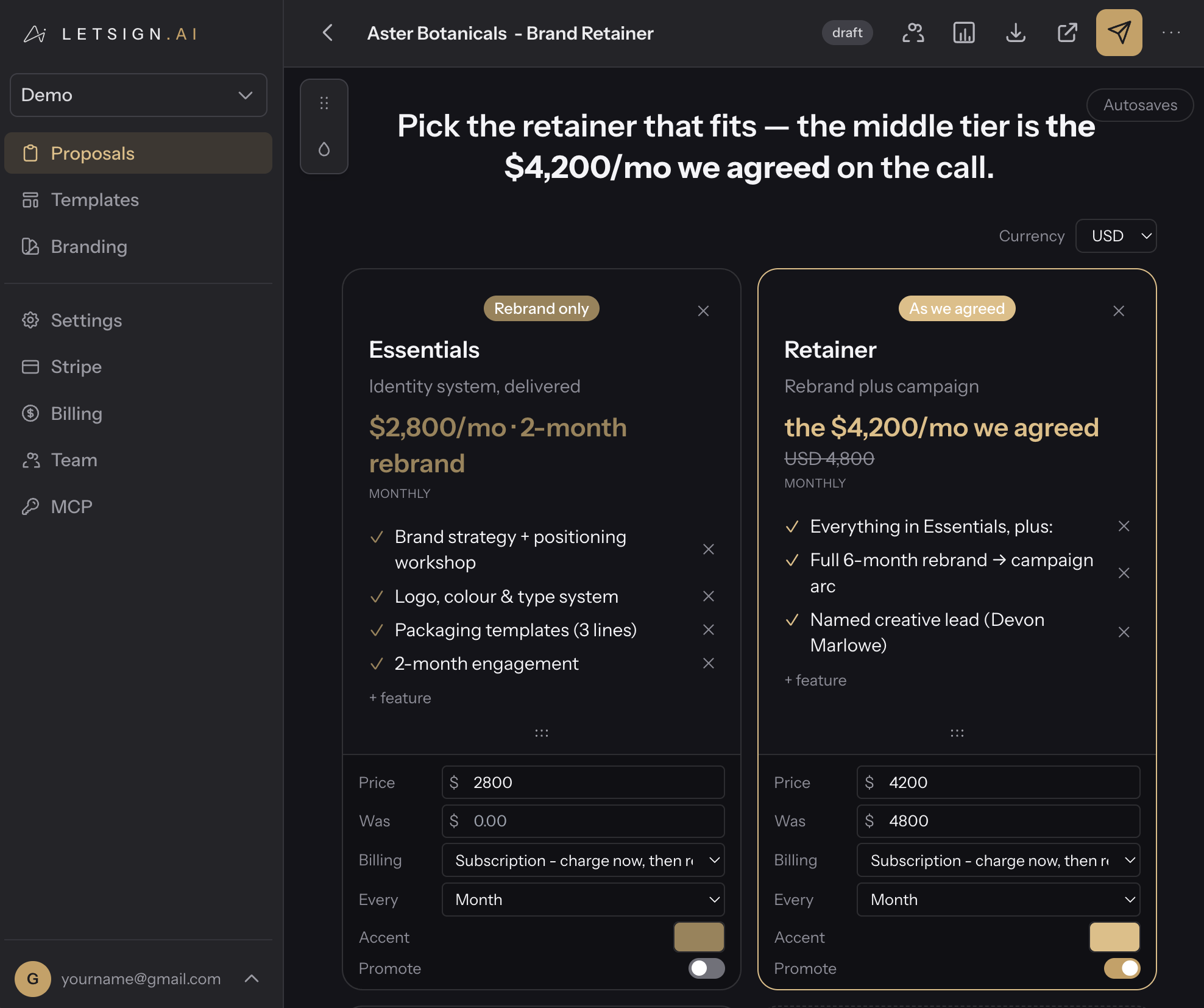 A proposal open in the LetSign editor, with each pricing tier's price, billing interval and accent editable by hand